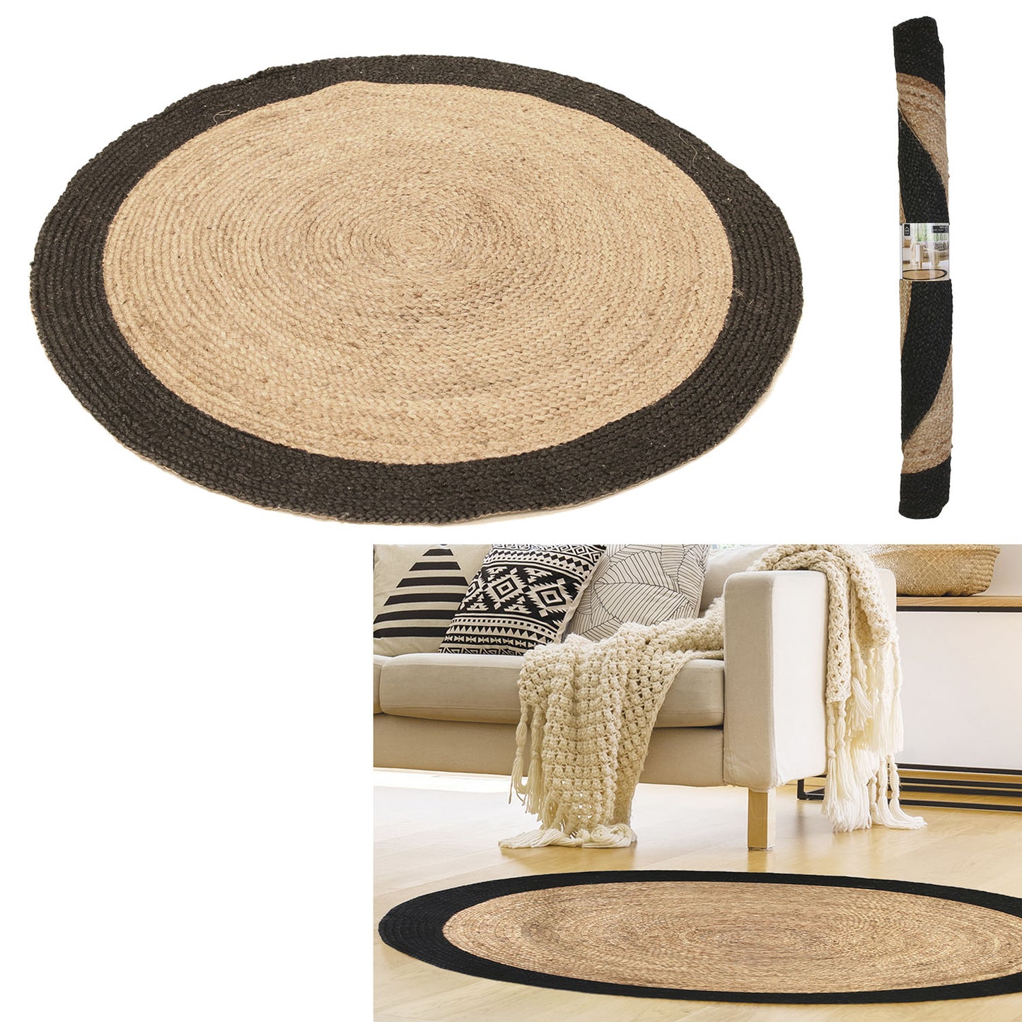 Tapis Rond Jute Bord Noir 120Cm