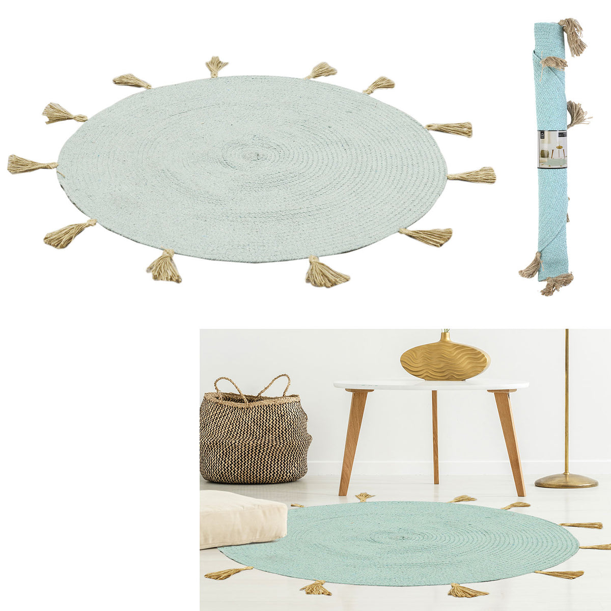Tapis Rond Coton Pompon Celadon 90Cm