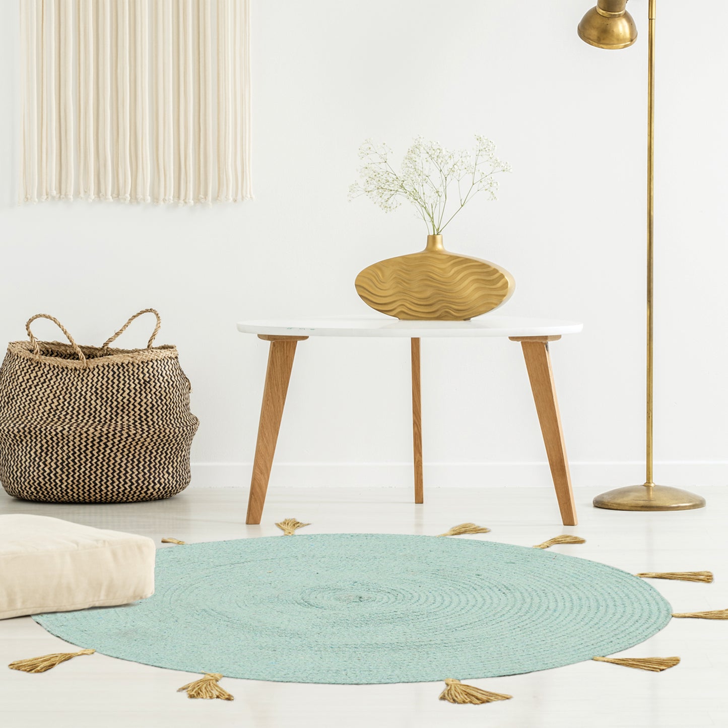 Tapis Rond Coton Pompon Celadon 90Cm