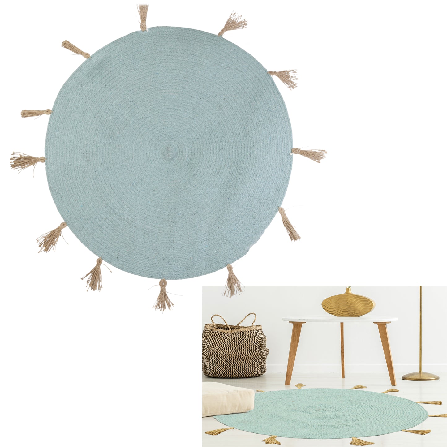 Tapis Rond Coton Pompon Celadon 90Cm