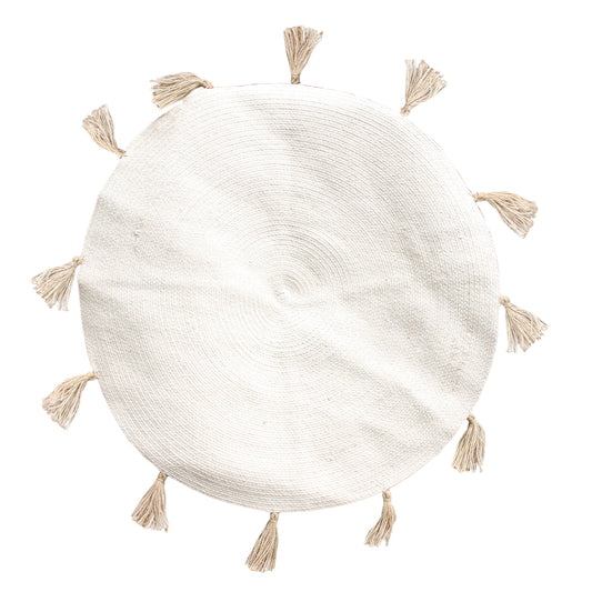 Tapis Rond Coton Pompon Beige 90Cm