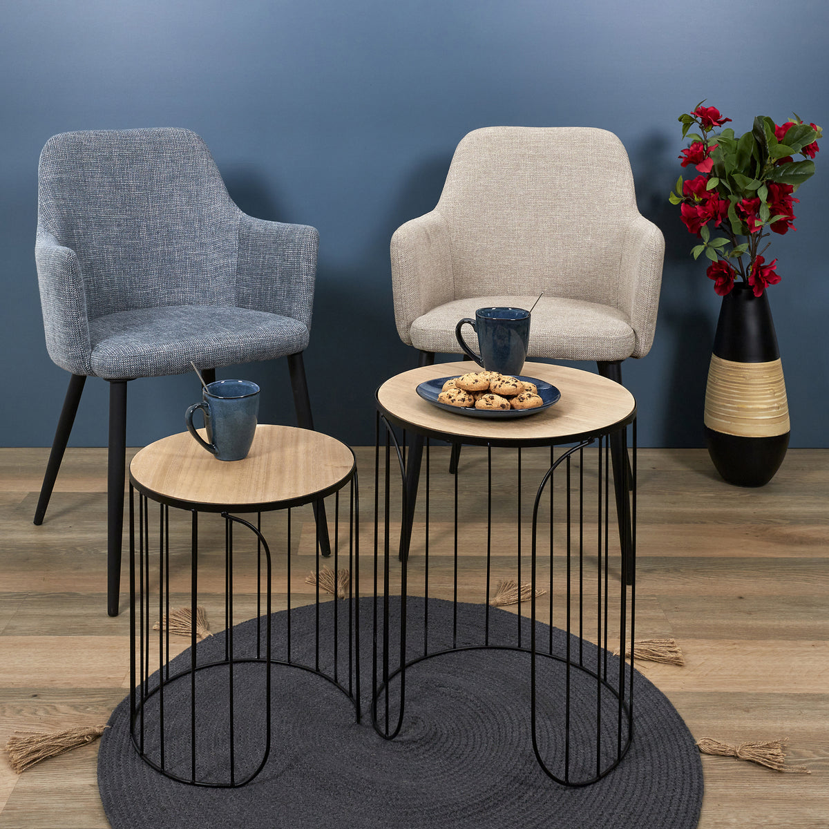 Tapis Rond Coton Pompon Gris 90Cm