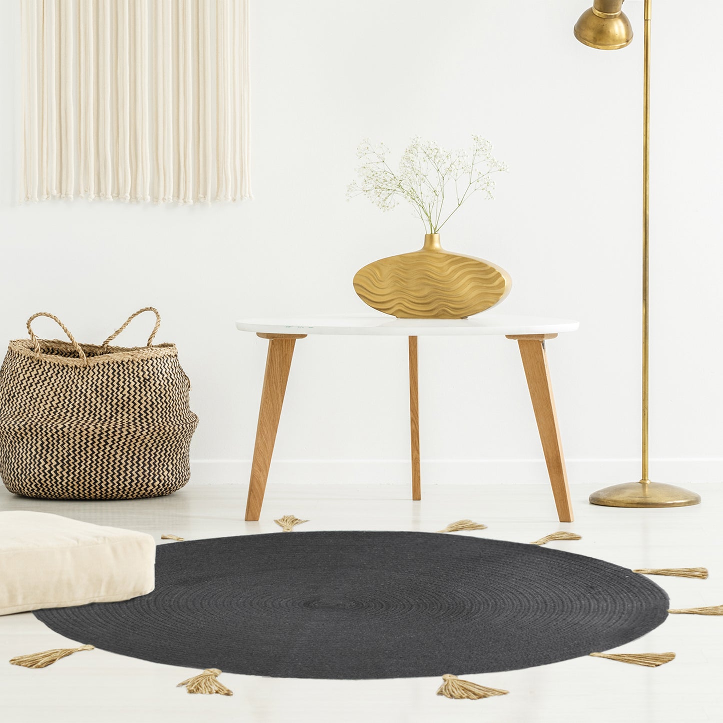 Tapis Rond Coton Pompon Gris 90Cm