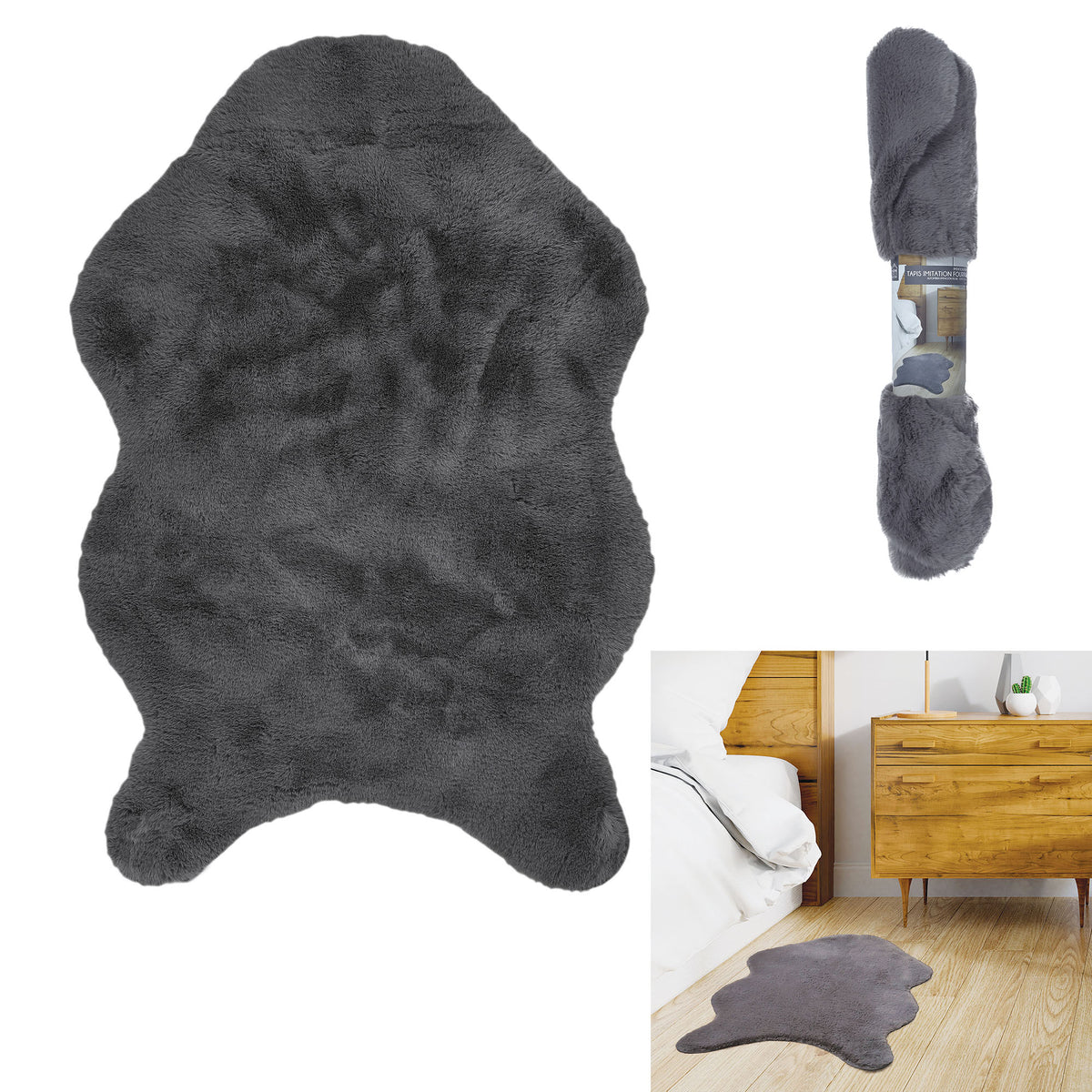 Tapis Imitation Fourrure Poil Fin Gris 60X90Cm