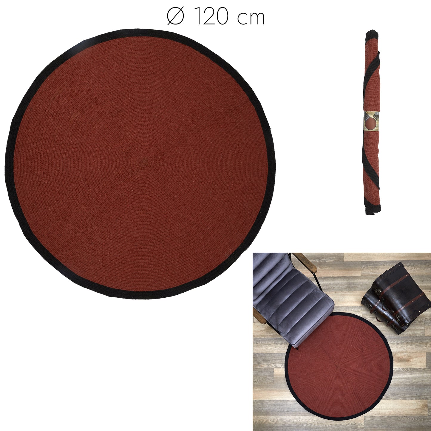 Tapis Rond Coton Terracotta Bord Noir 120Cm