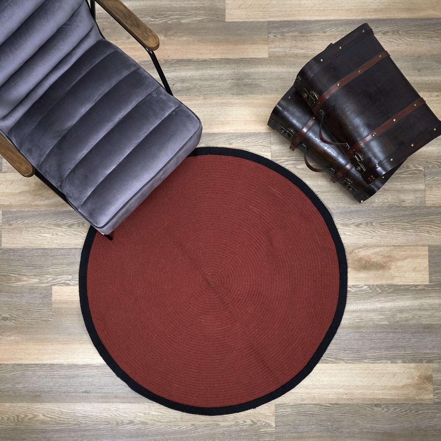 Tapis Rond Coton Terracotta Bord Noir 120Cm