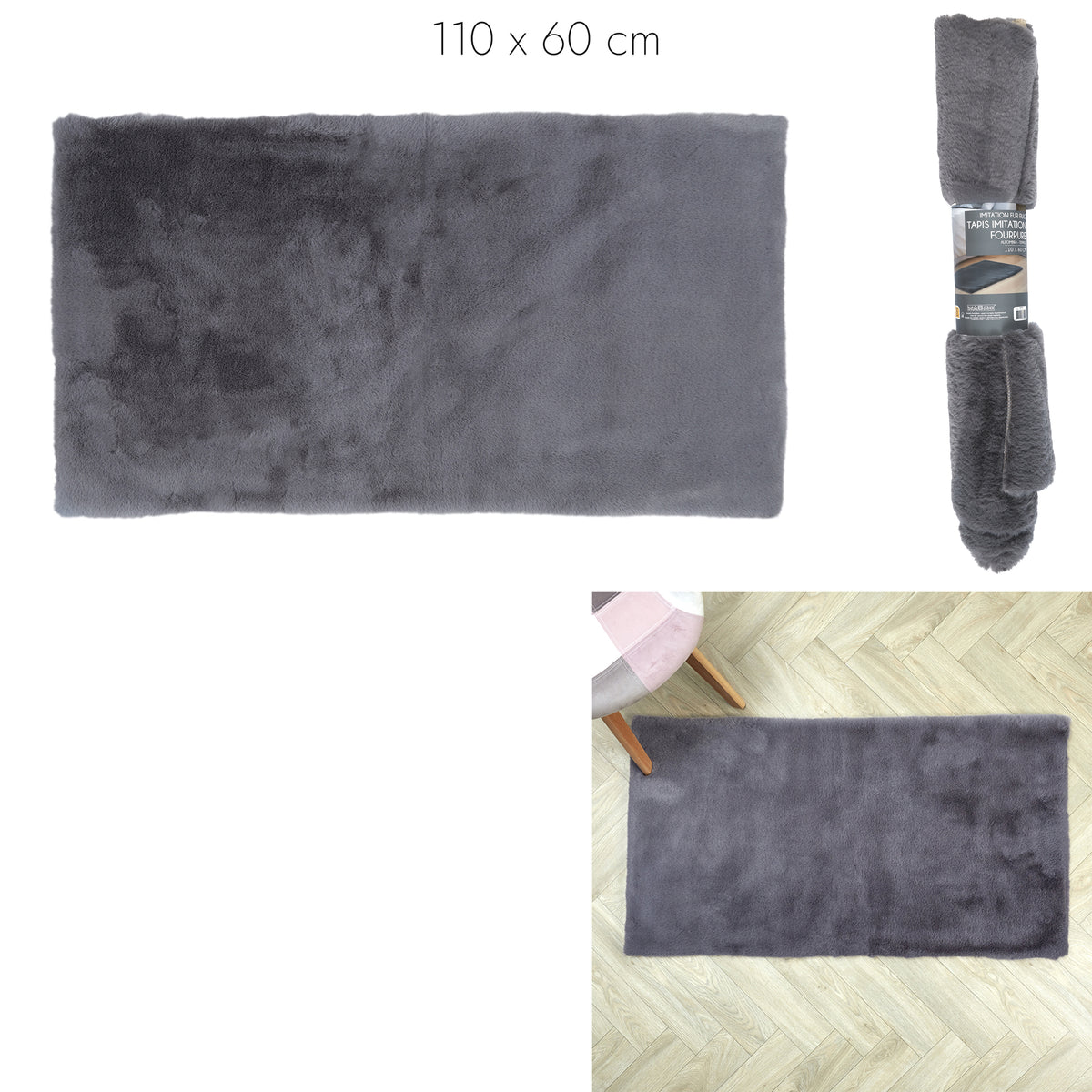 Tapis Imitation Fourrure Fin Gris 110X60Cm