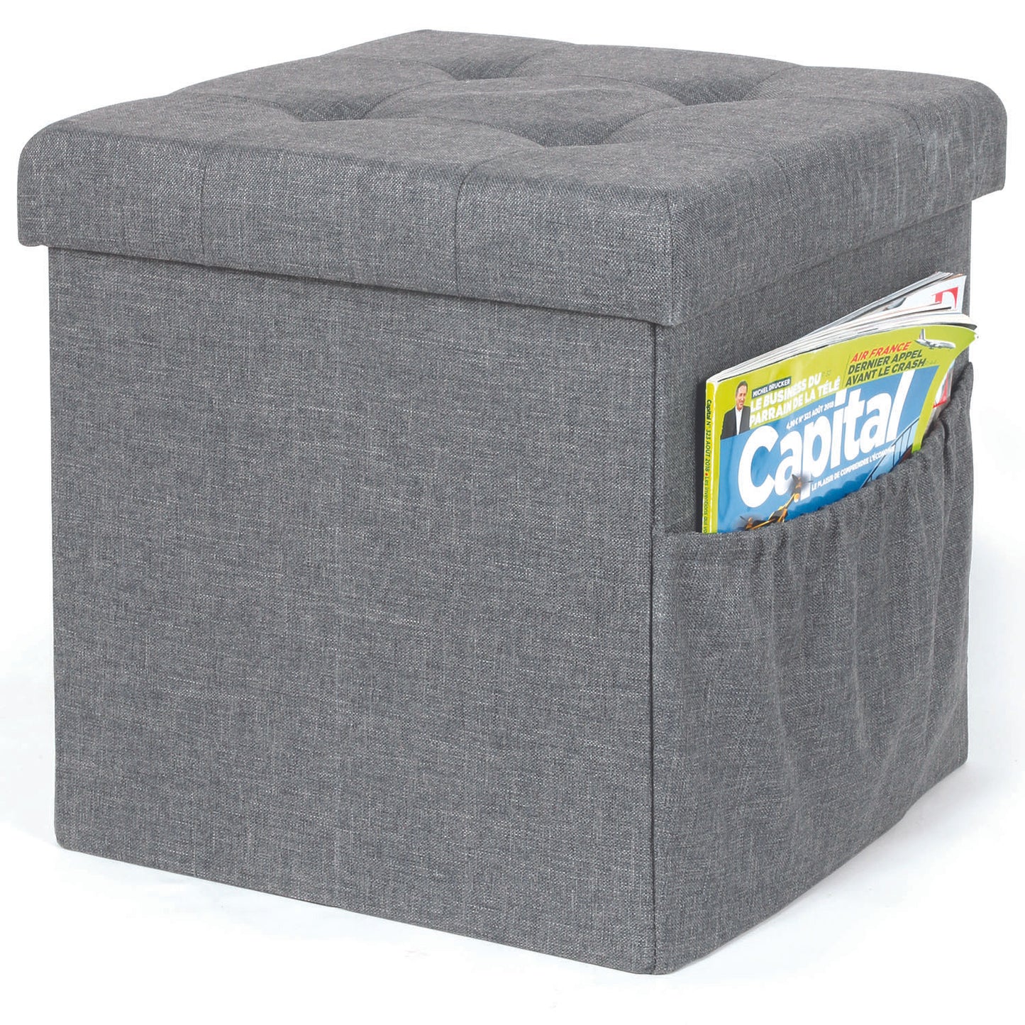 Coffre Pouf Pliable Tissu Gris Fonce